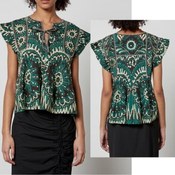 NEW Sea New York Charlough Cotton Split Neck Flutter Sleeves Top in Green - Picture 1 of 7